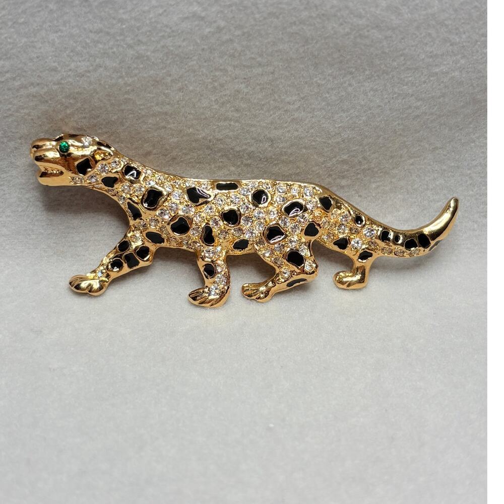 Striking Vintage Leopard Brooch – Pavé Clear & Green Rhinestones, Black Enamel